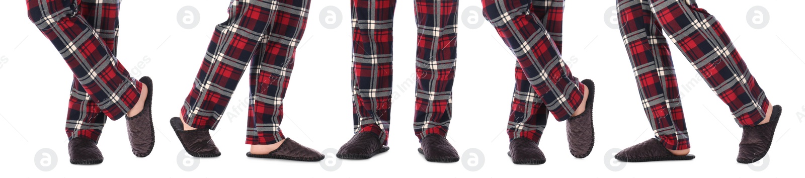 Collage with photos of men wearing stylish slippers on white background, closeup. Banner design Image of Collage with photos of men wearing stylish slippers on white background, closeup. Banner design