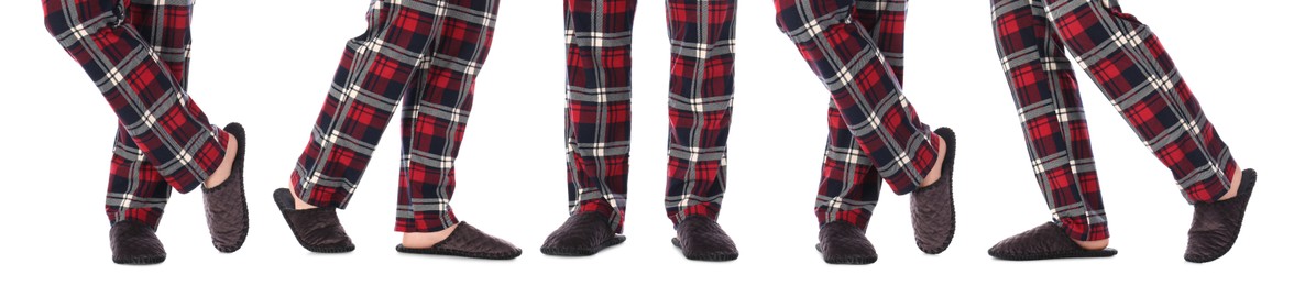 Image of Collage with photos of men wearing stylish slippers on white background, closeup. Banner design