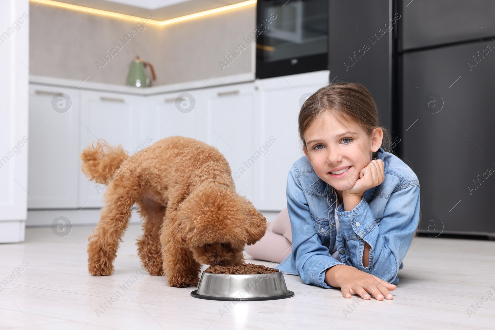 Photo of Little child feeding cute puppy in kitchen. Lovely pet