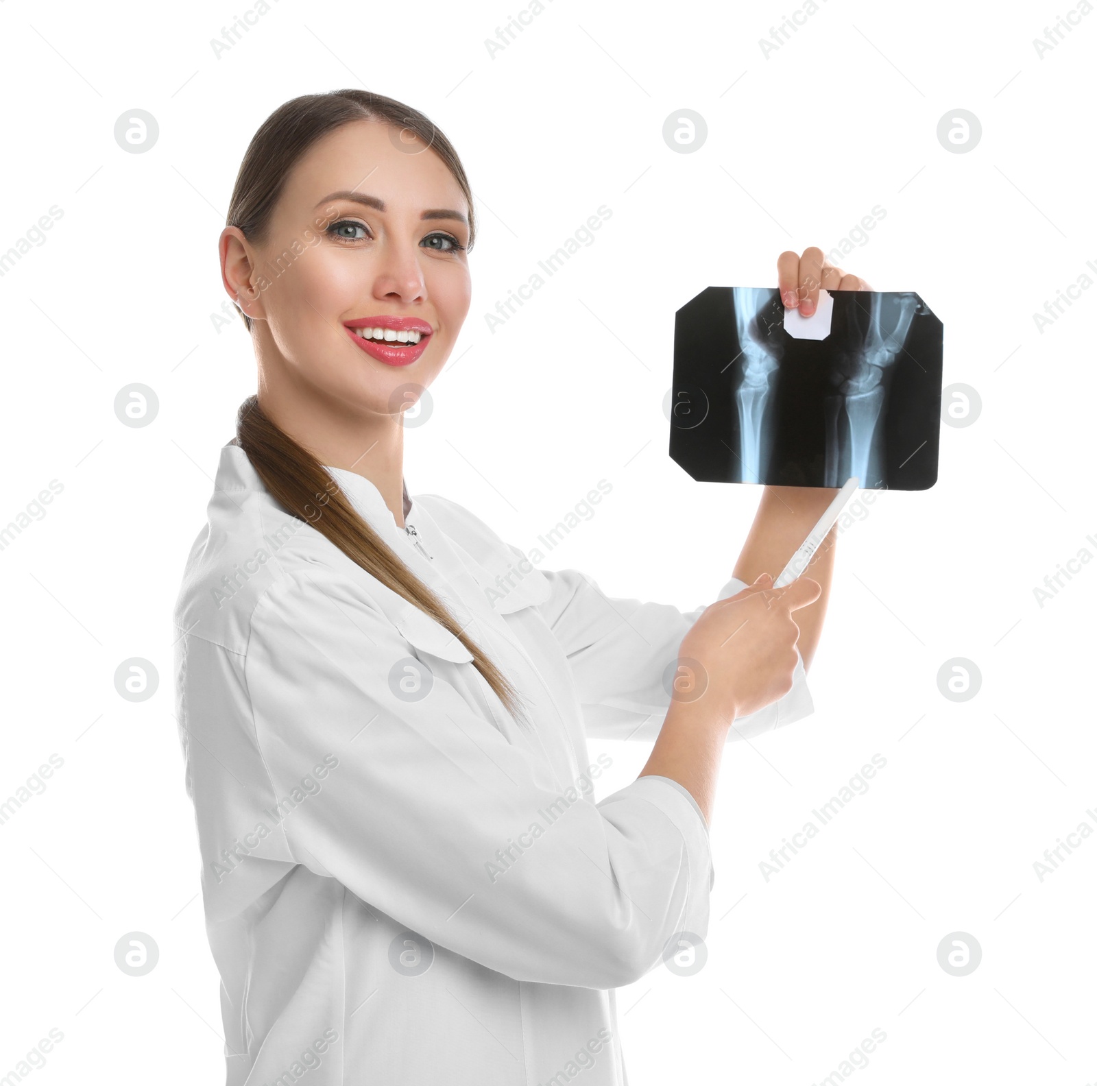 Photo of Orthopedist holding X-ray picture on white background