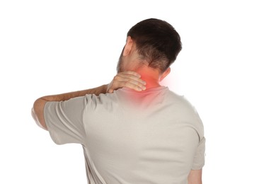 Image of Man suffering from neck pain on white background, back view