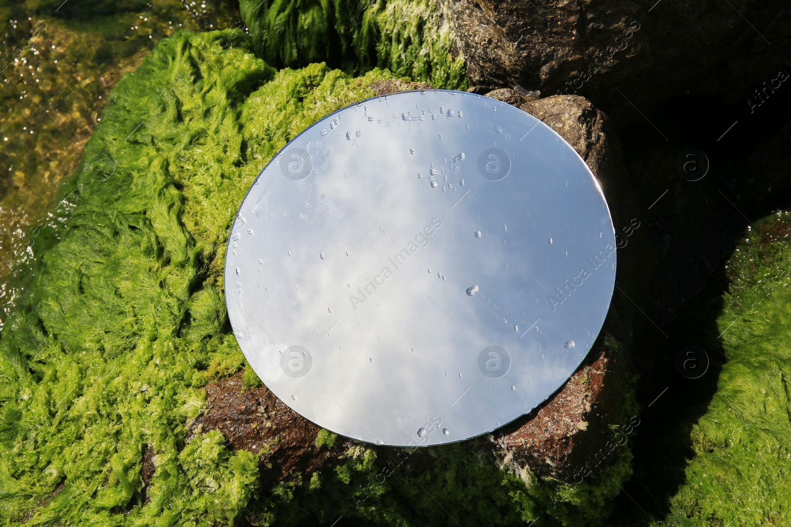 Photo of Round mirror reflecting light blue sky on stones with seaweed outdoors