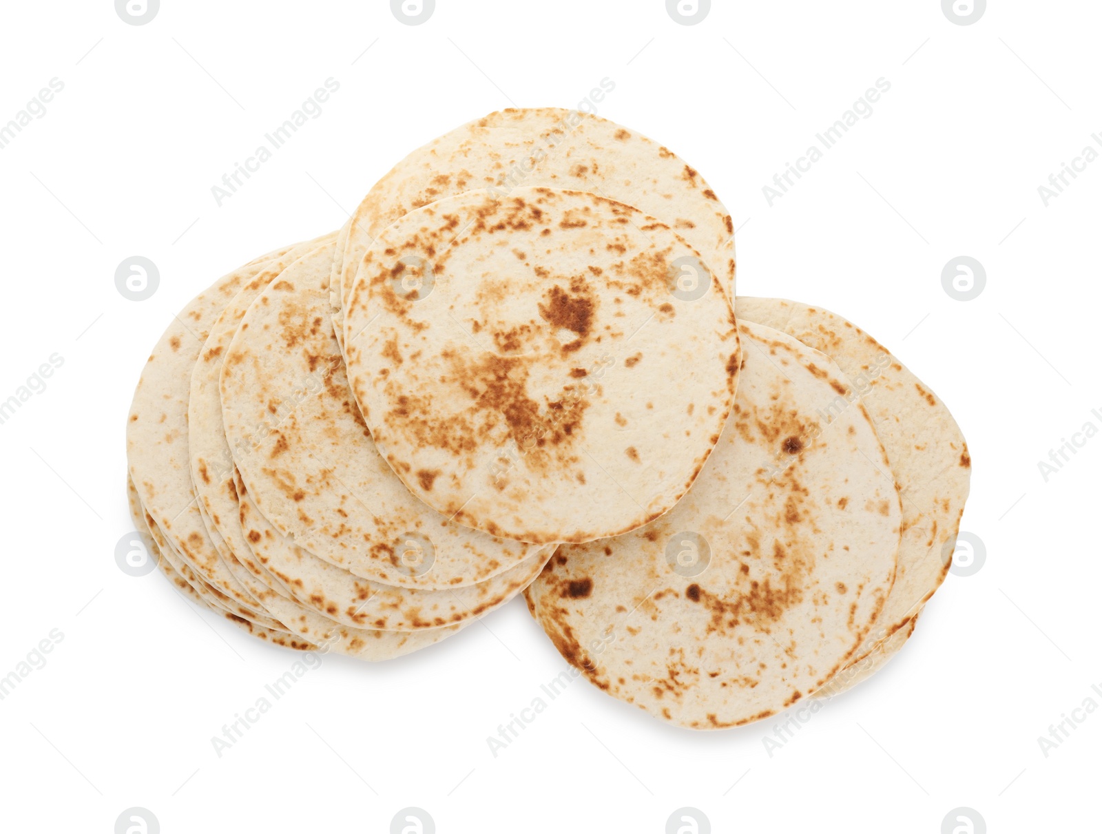 Photo of Many tasty homemade tortillas isolated on white, top view