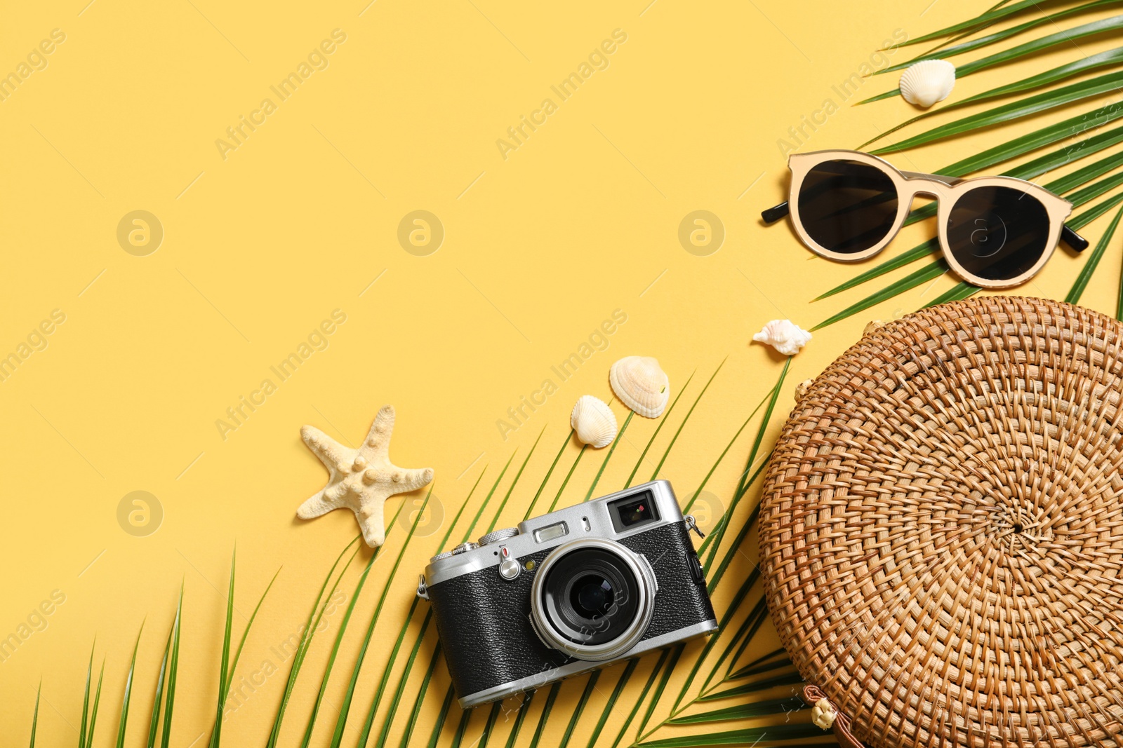 Photo of Flat lay composition with beach accessories on color background. Space for text