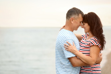 Happy mature couple spending time together on sea beach. Space for text