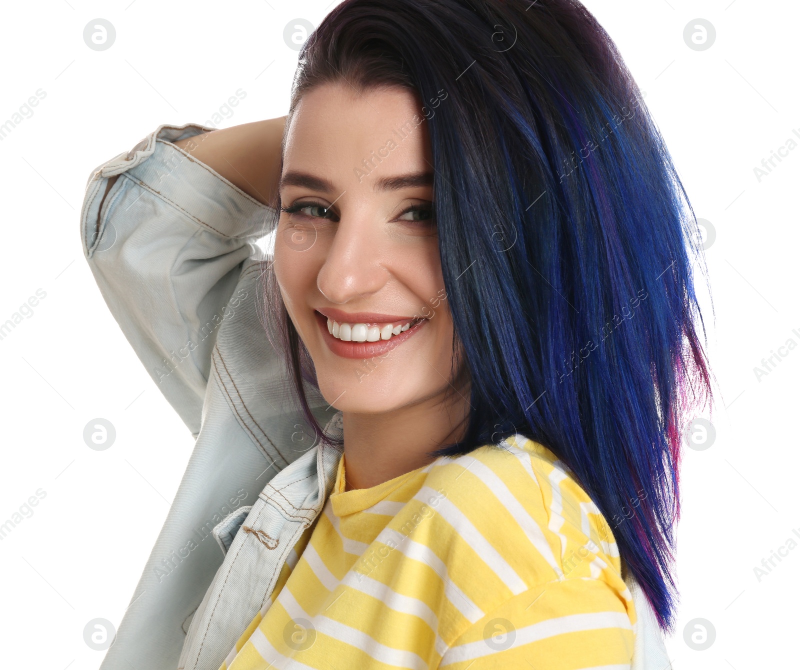 Photo of Young woman with bright dyed hair on white background