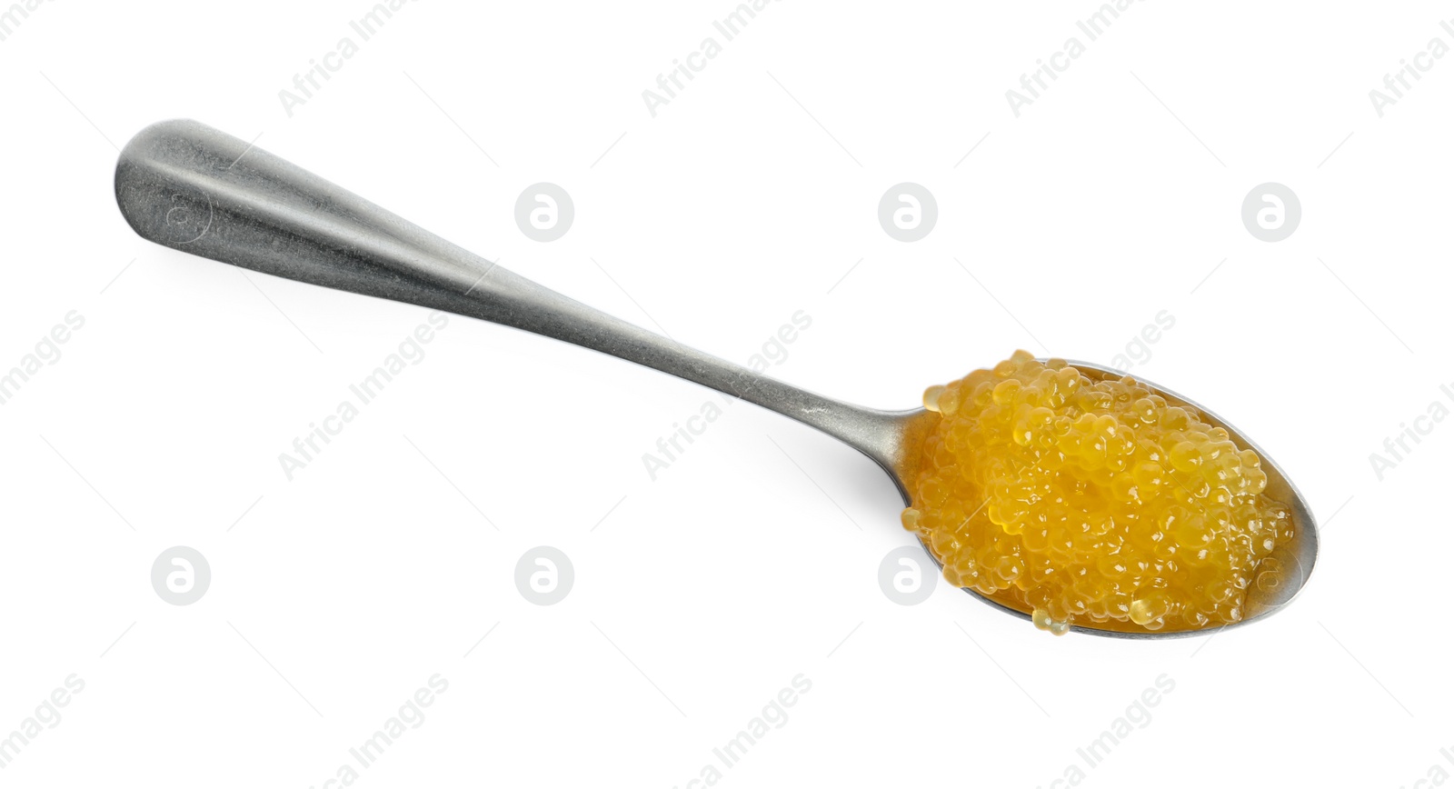 Photo of Fresh pike caviar in spoon isolated on white, top view