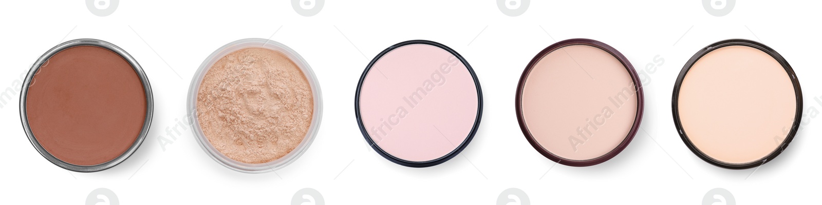 Image of Different face powders isolated on white, top view. Collection of makeup products
