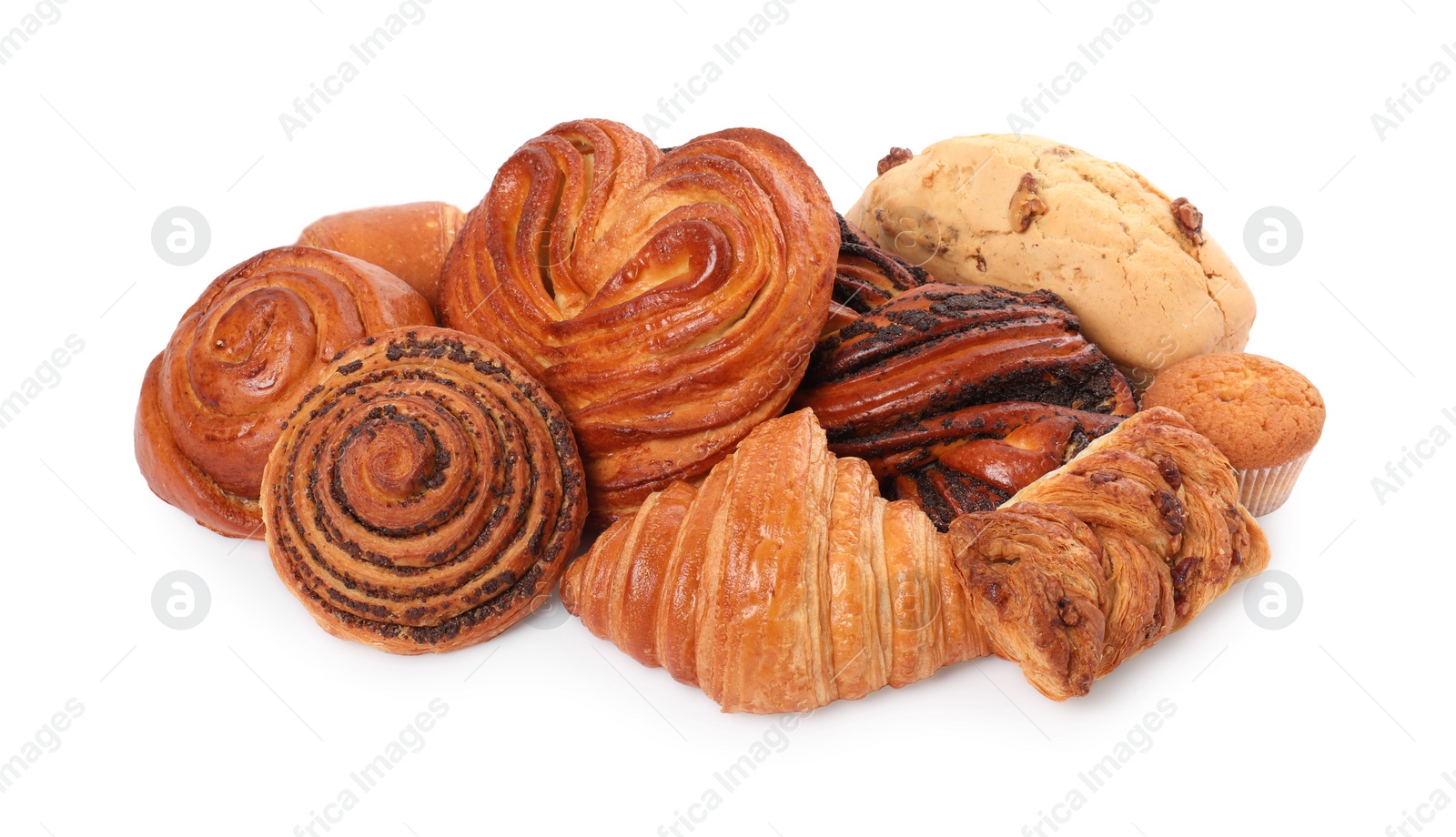 Photo of Different tasty freshly baked pastries isolated on white
