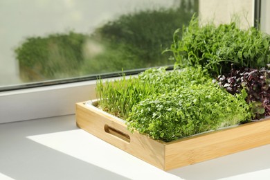 Different fresh microgreens in wooden crate on windowsill indoors, space for text