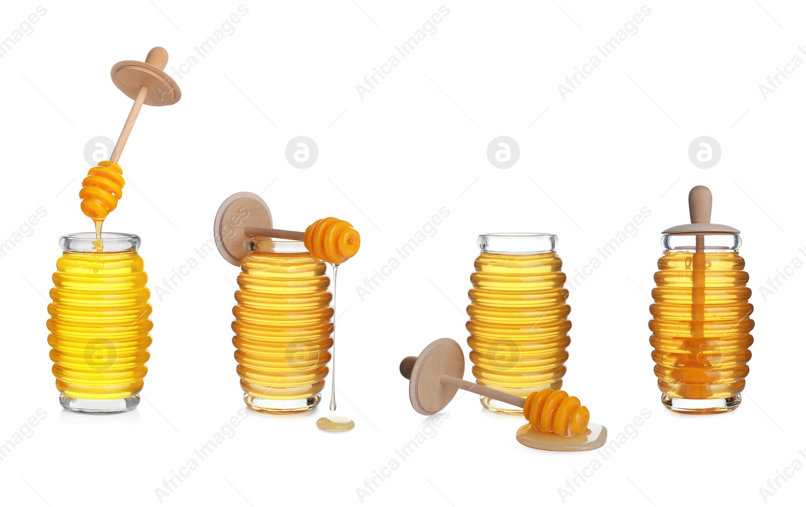 Image of Set of organic delicious honey on white background
