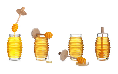 Image of Set of organic delicious honey on white background