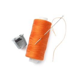 Photo of Spool of orange sewing thread with needle and thimble on white background, top view