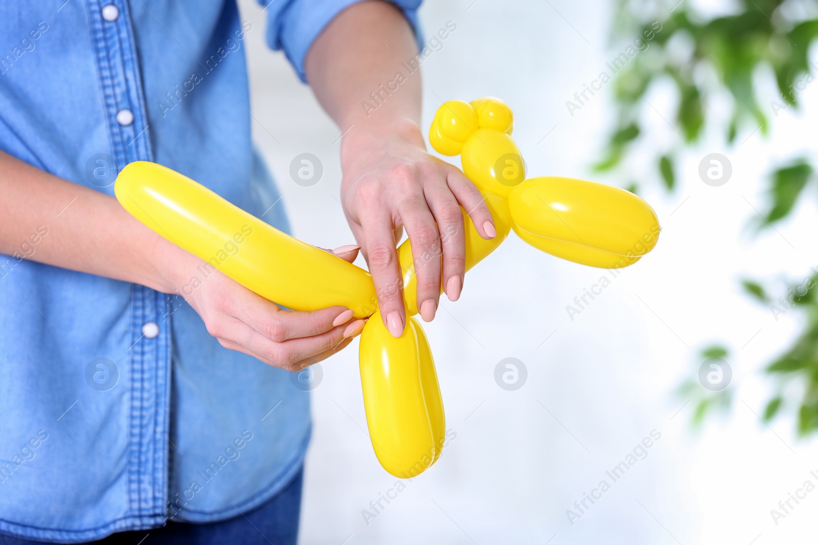 Photo of Woman making balloon figure on blurred background, closeup