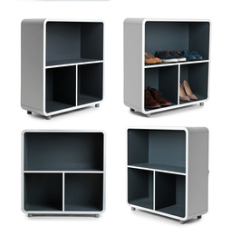 Image of Collage of shelving units on white background