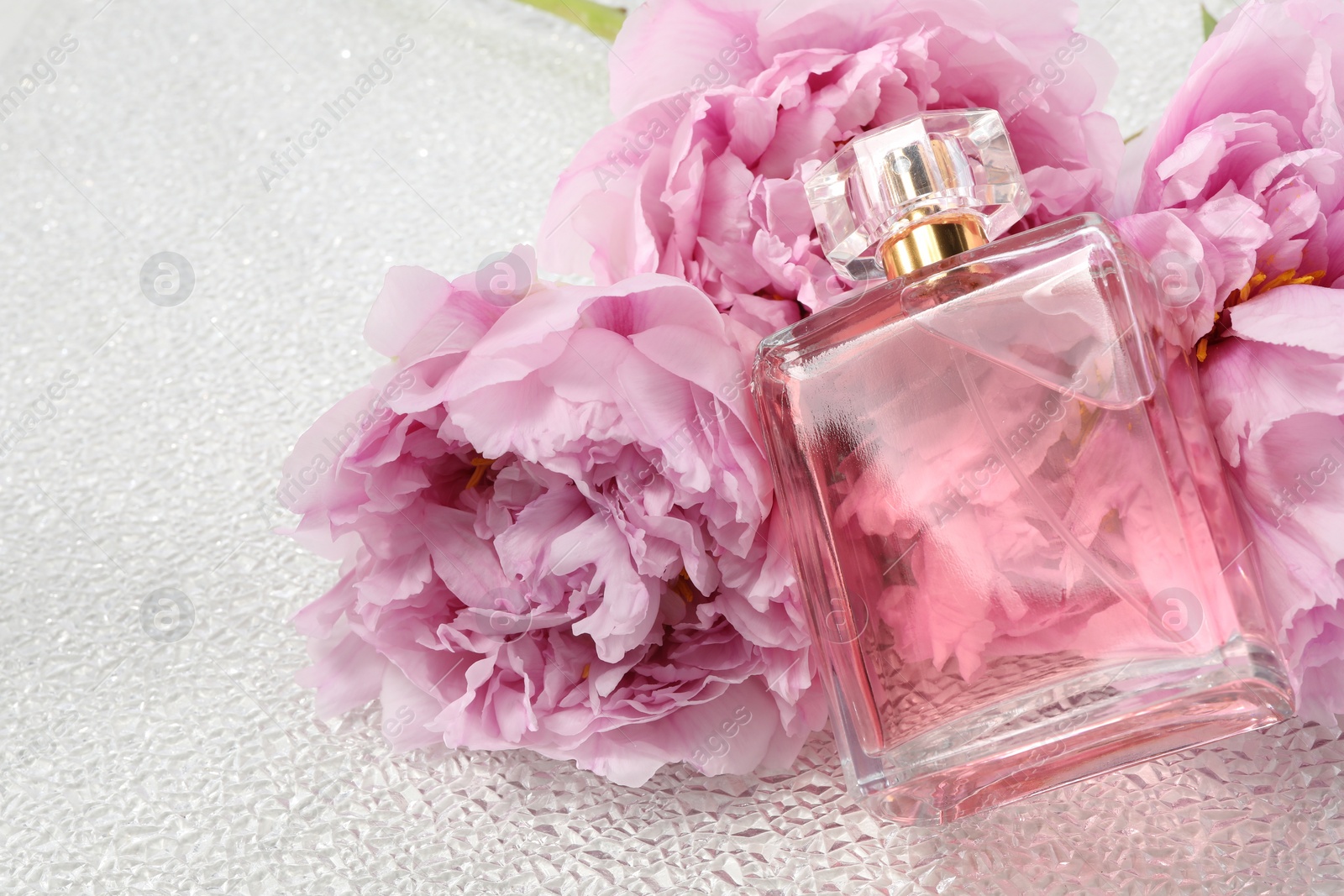 Photo of Luxury perfume and floral decor on white plastic surface