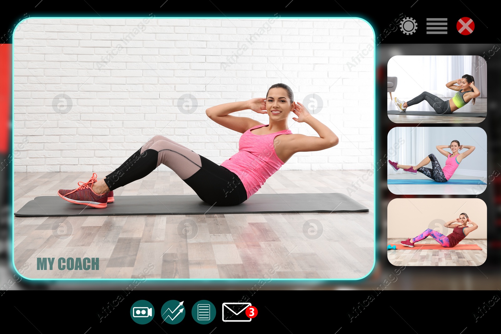 Image of Personal trainer online. Website or application interface with different coaches
