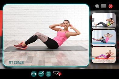 Image of Personal trainer online. Website or application interface with different coaches