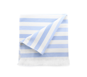 Photo of Striped towel isolated on white, top view. Beach object