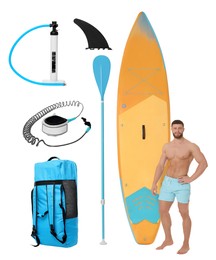 Image of Happy man with SUP board and different equipment for stand up paddle boarding isolated on white, set of photos