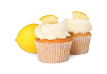 Photo of Delicious cupcakes with cream and lemon isolated on white