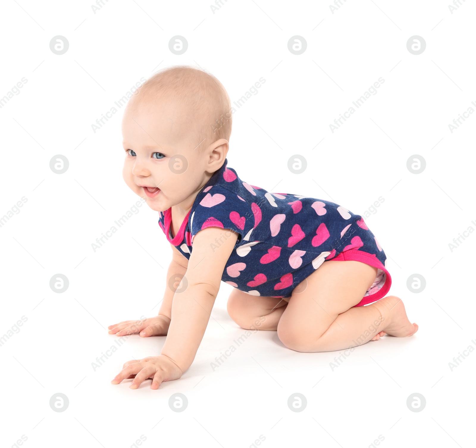 Photo of Cute little baby on white background. Crawling time