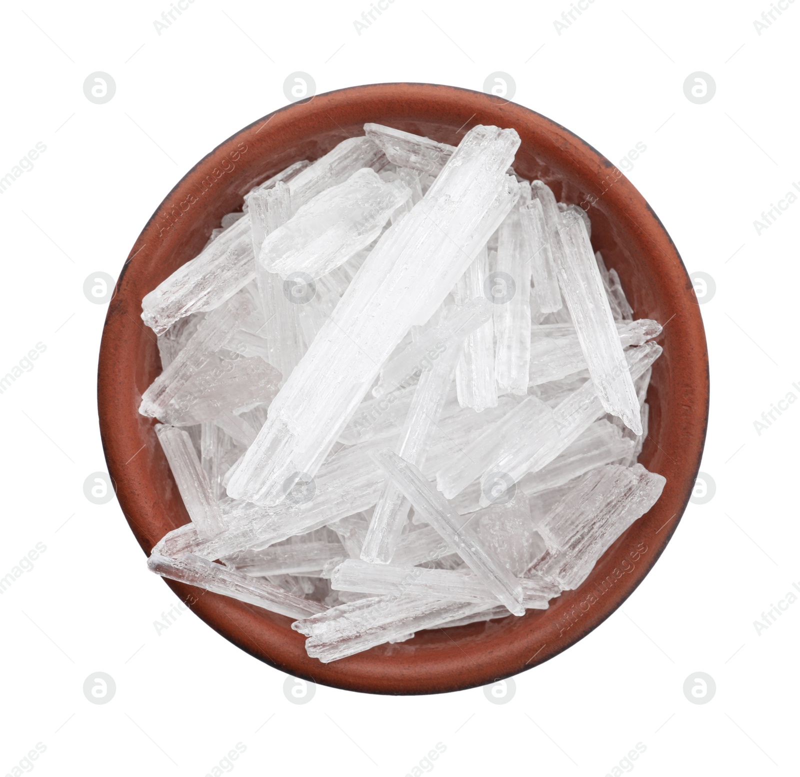 Photo of Menthol crystals on white background, top view