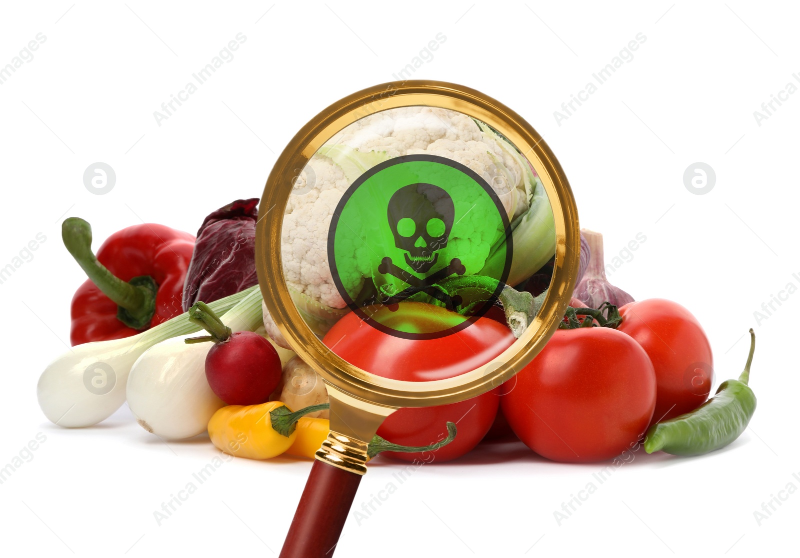 Image of Magnifying glass and vegetables on white background. Food poisoning concept  