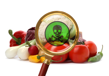Image of Magnifying glass and vegetables on white background. Food poisoning concept  