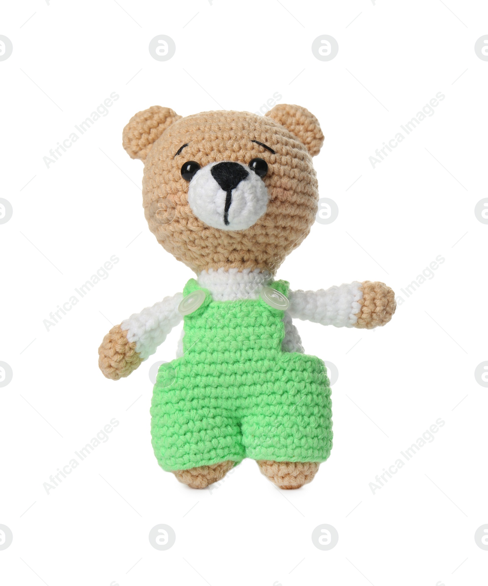 Photo of One crochet bear isolated on white. Children's toy