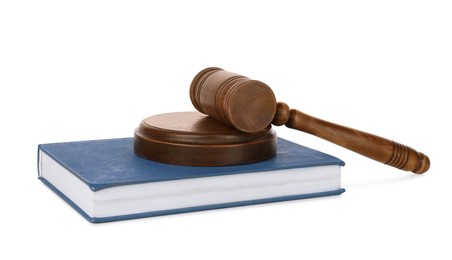 Photo of Wooden gavel and book on white background