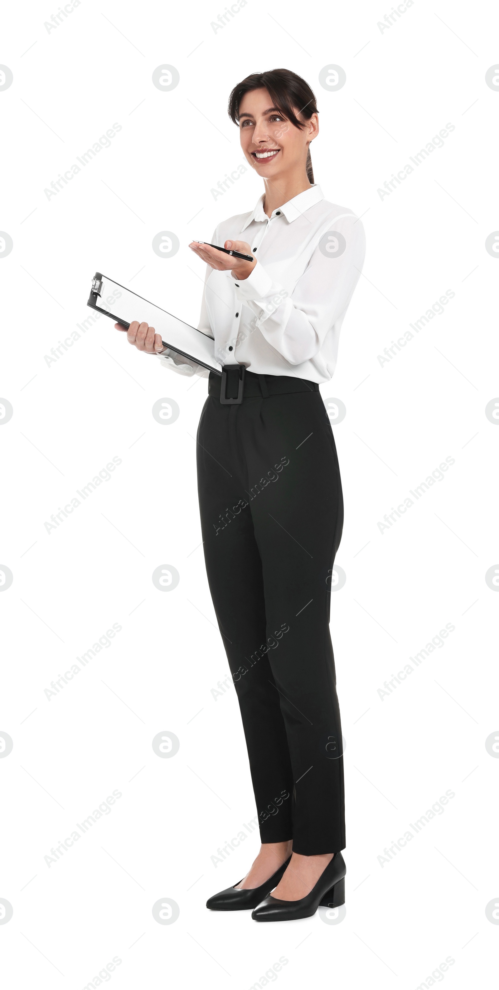 Photo of Happy businesswoman with clipboard on white background