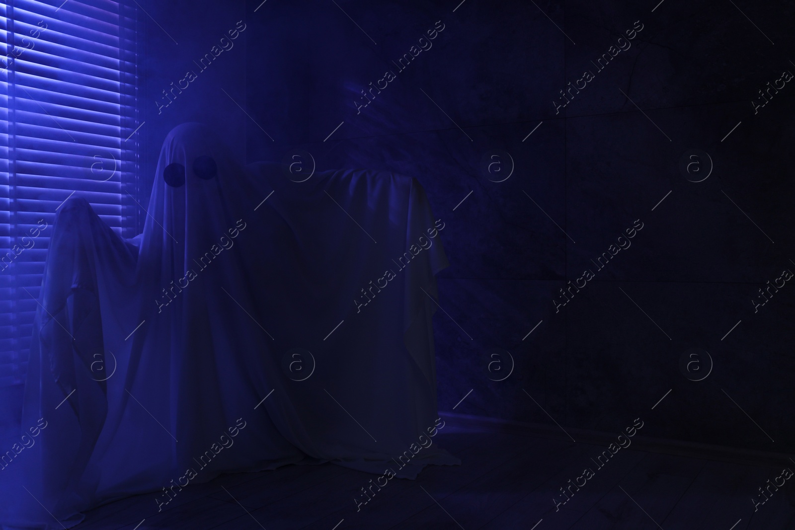 Photo of Creepy ghost. Woman covered with sheet near window in blue light, space for text