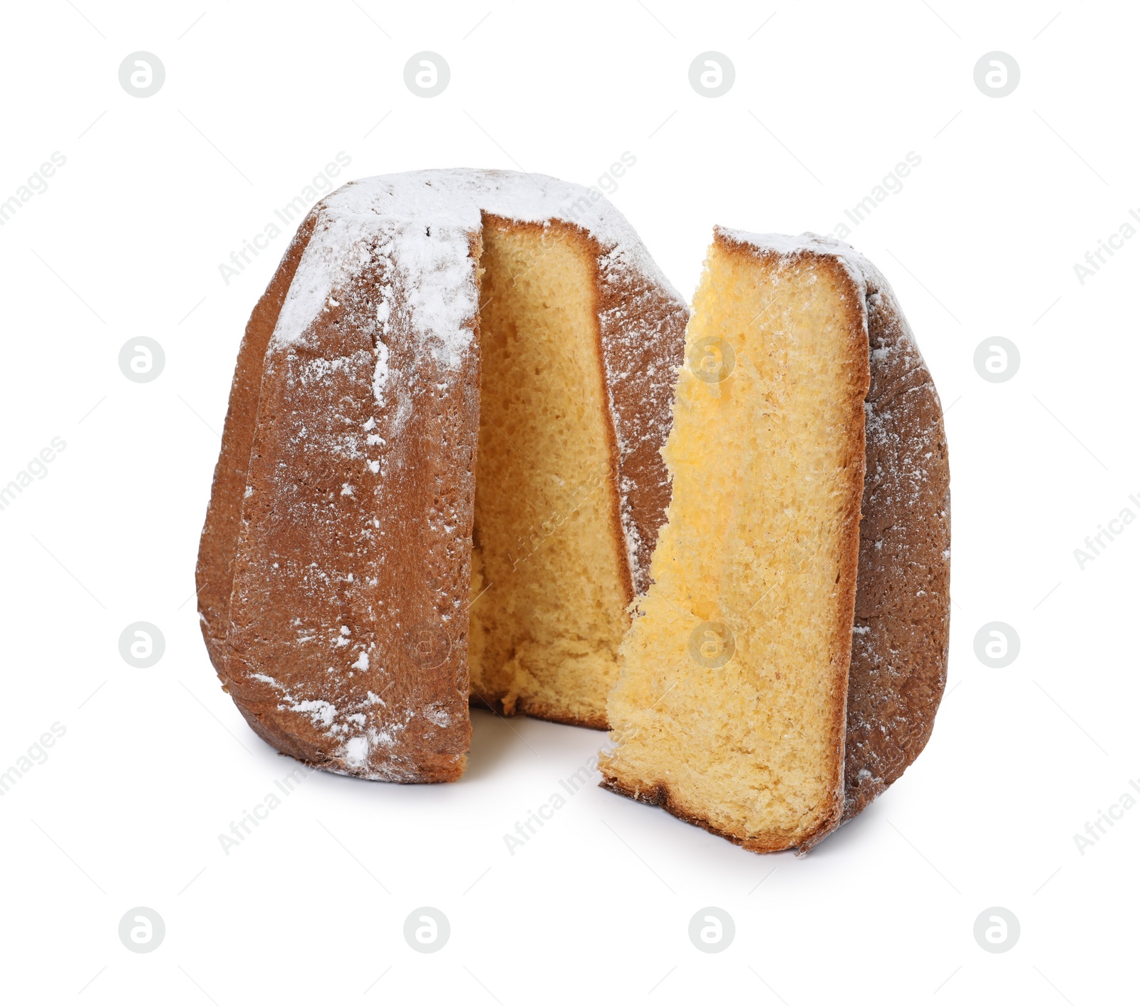 Photo of Delicious Pandoro cake decorated with powdered sugar isolated on white. Traditional Italian pastry