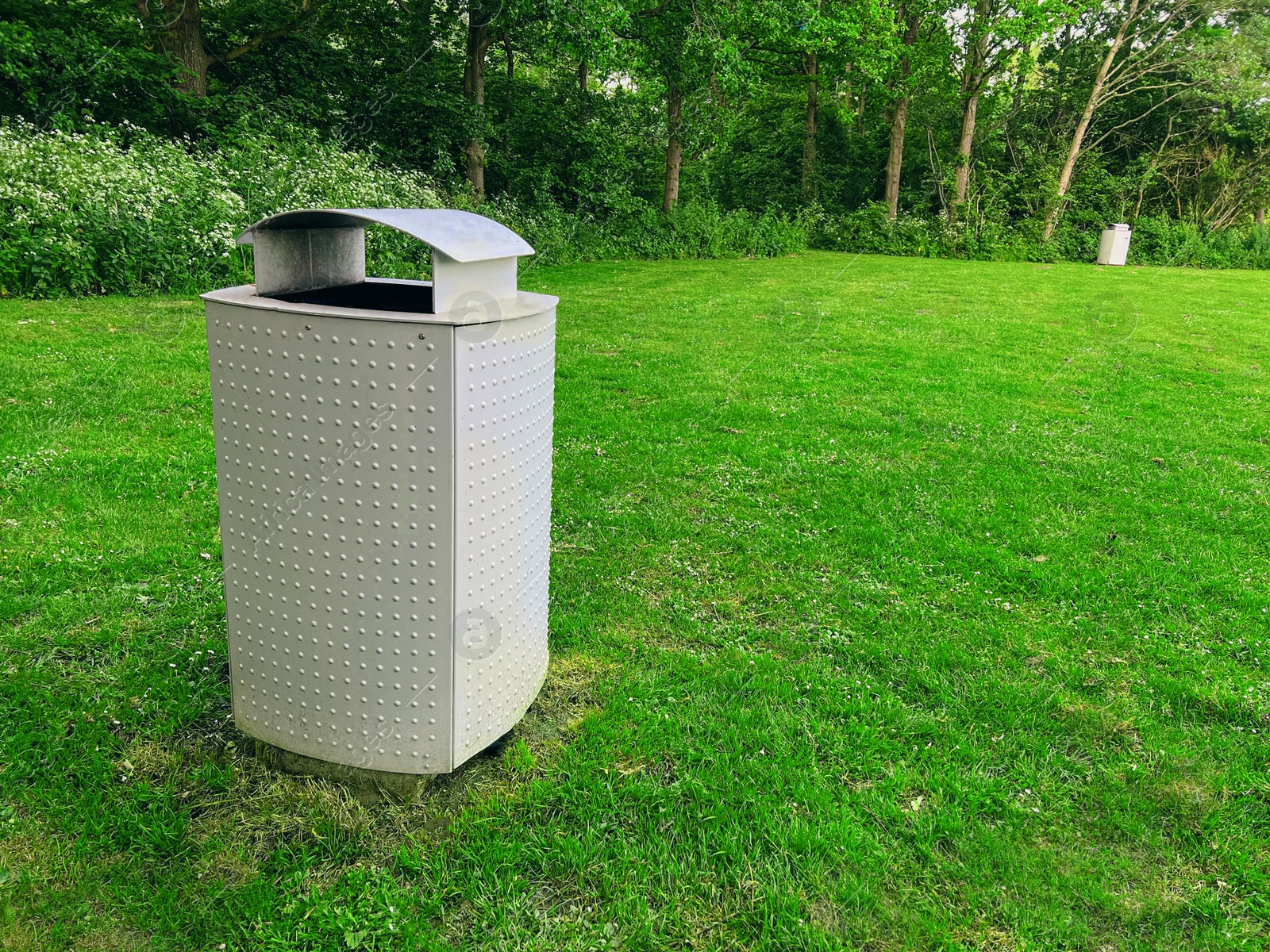 Photo of Trash bin on green grass in park. Space for text