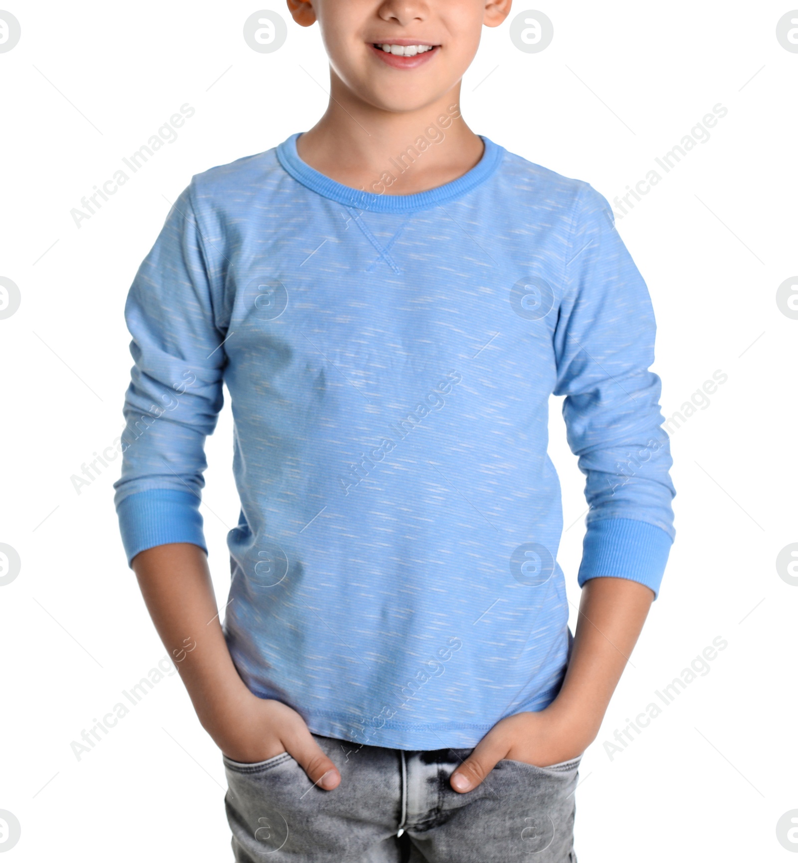 Photo of Little boy in long sleeve t-shirt on white background. Mock-up for design