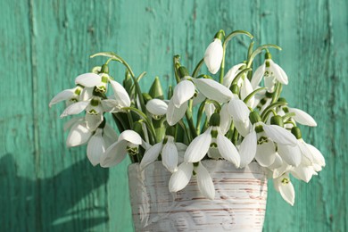 Photo of Beautiful snowdrops in vase near green fence, closeup