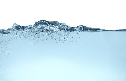 Photo of Splash of pure water on grey background, closeup