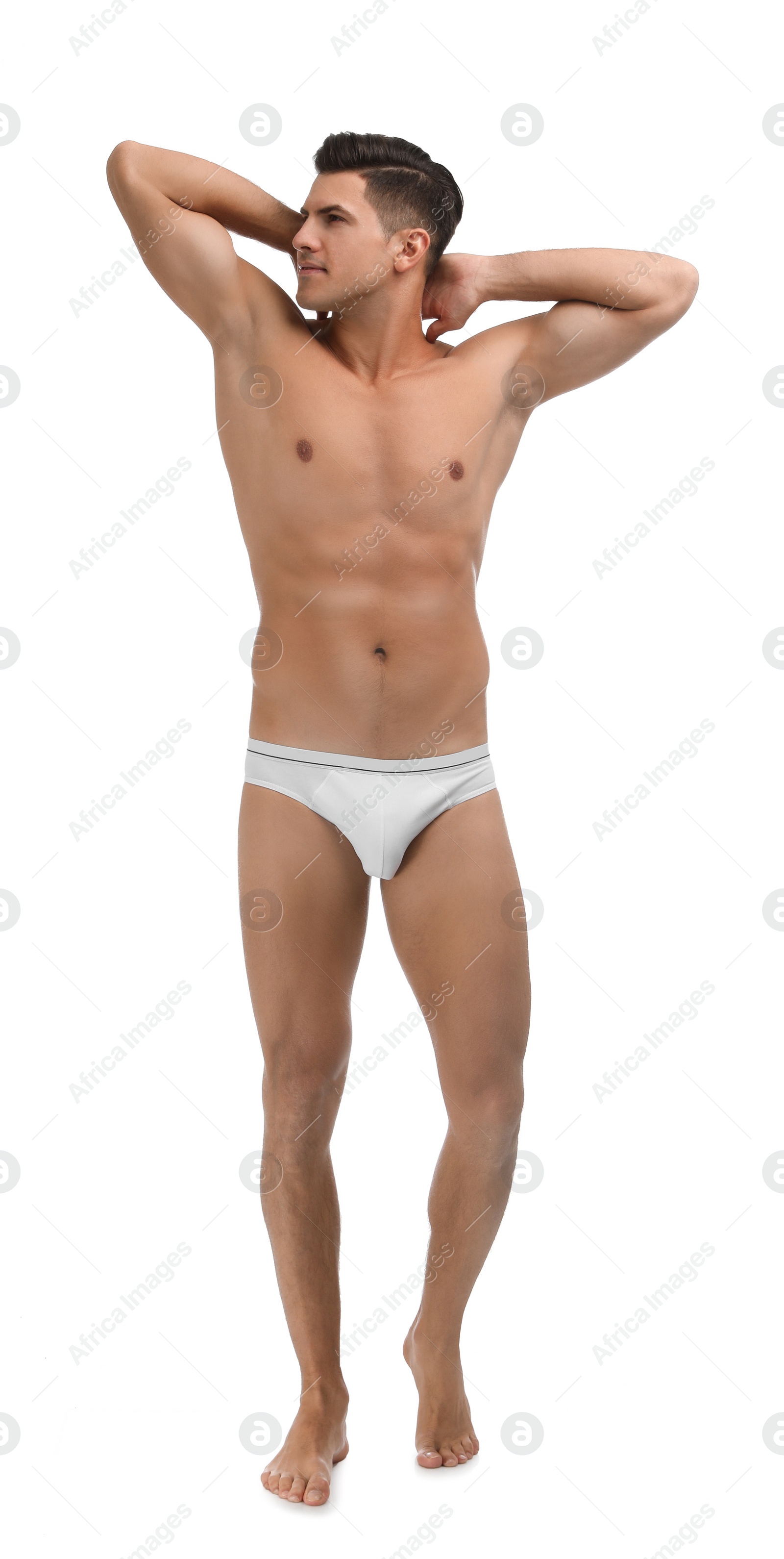 Photo of Handsome man in underwear on white background