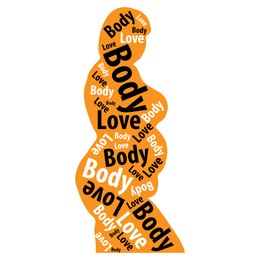 Image of Stop shaming yourself! Orange silhouette of plus-size model with words Body Love on white background