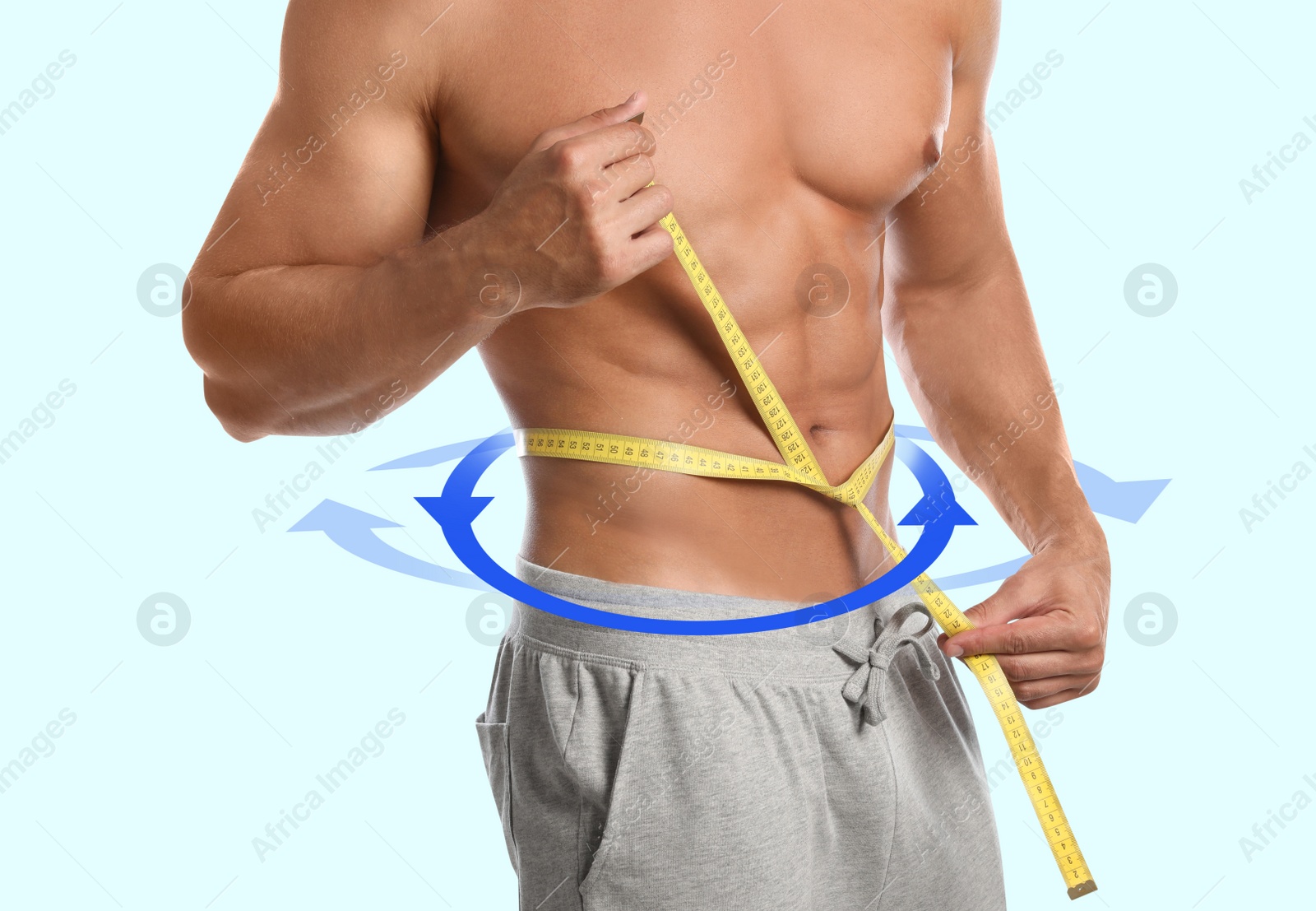 Image of Metabolism concept. Man with perfect body on light background, closeup