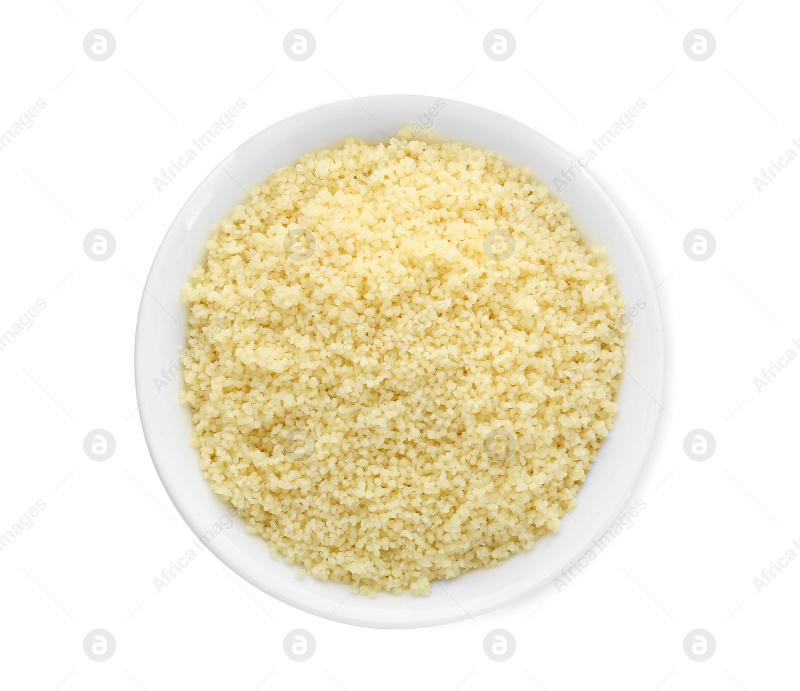 Photo of Bowl of tasty couscous on white background, top view