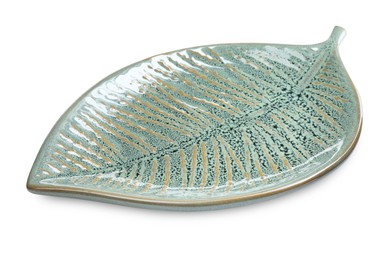 Beautiful green leaf shaped ceramic plate on white background