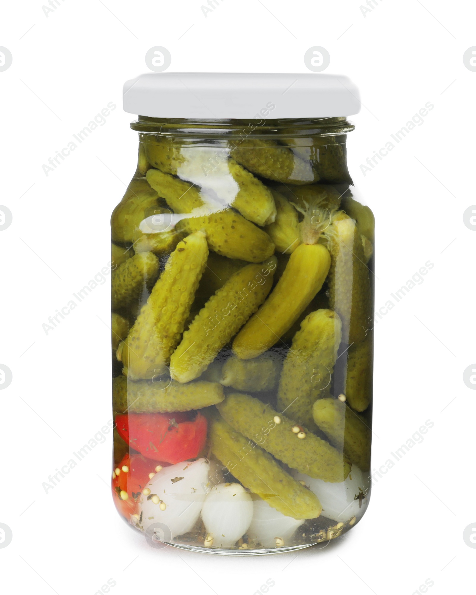 Photo of Jar with pickled gherkins on white background