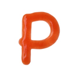 Letter P written with red sauce on white background