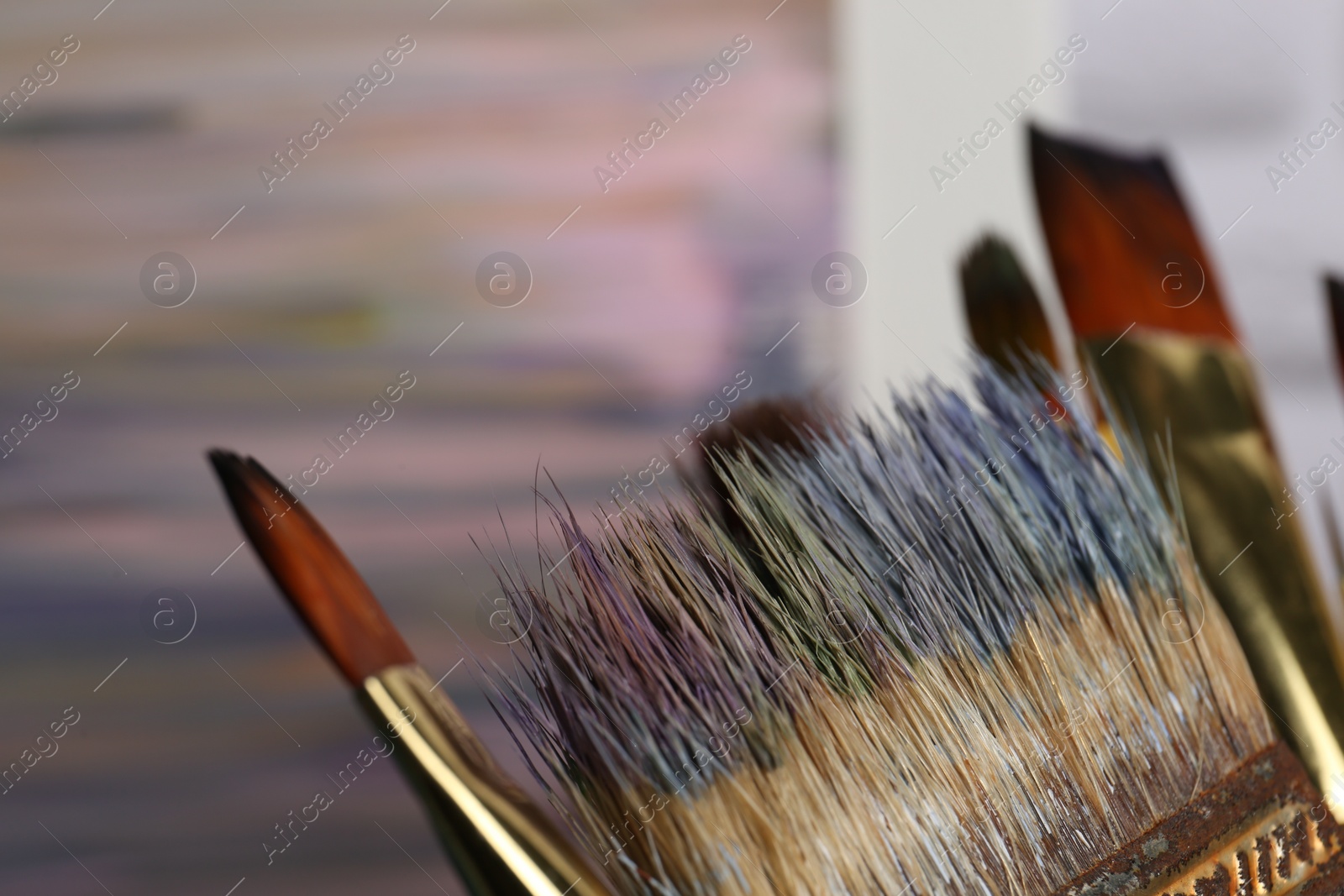 Photo of Closeup view of many different paint brushes on blurred background