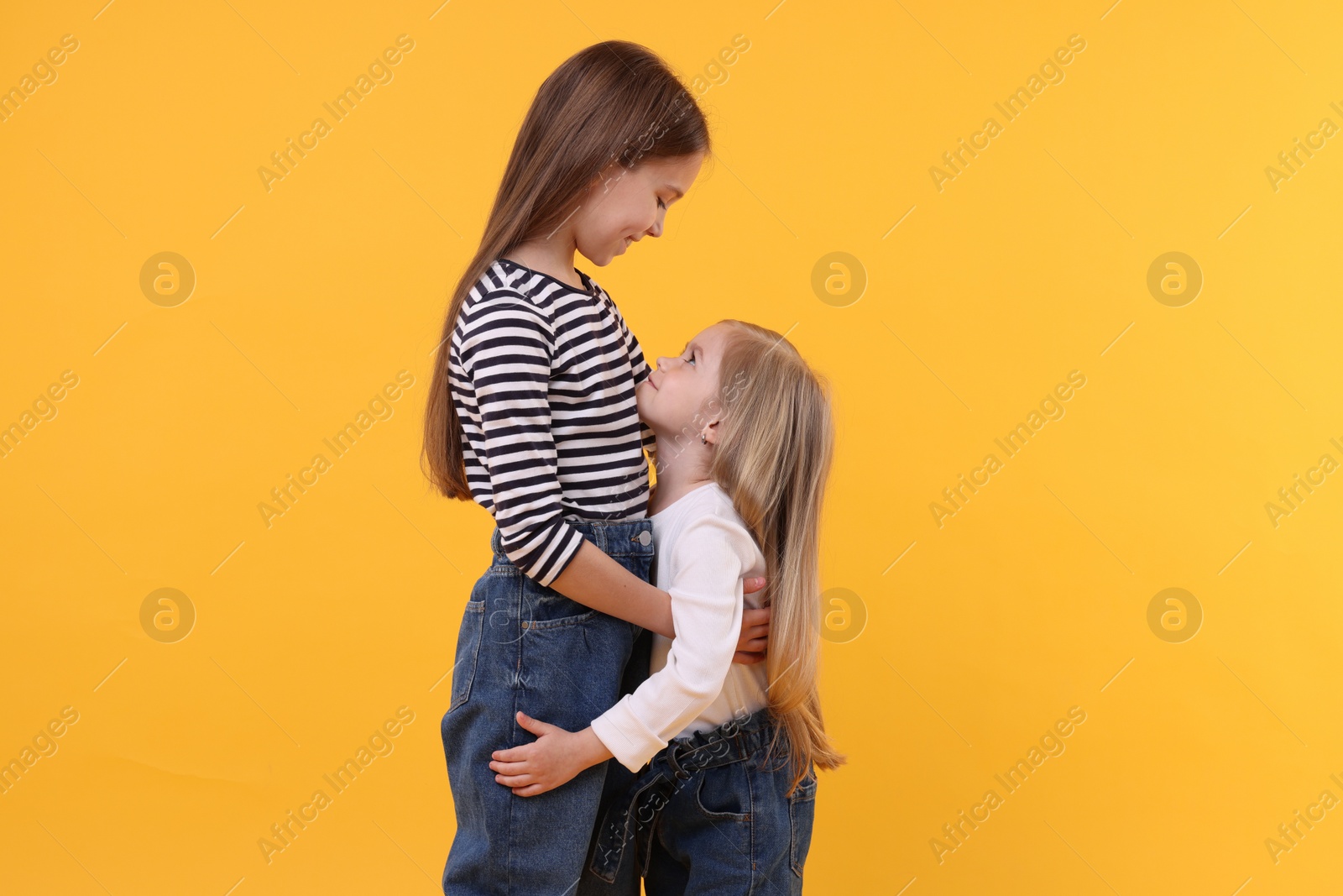 Photo of Portrait of cute little sisters on orange background