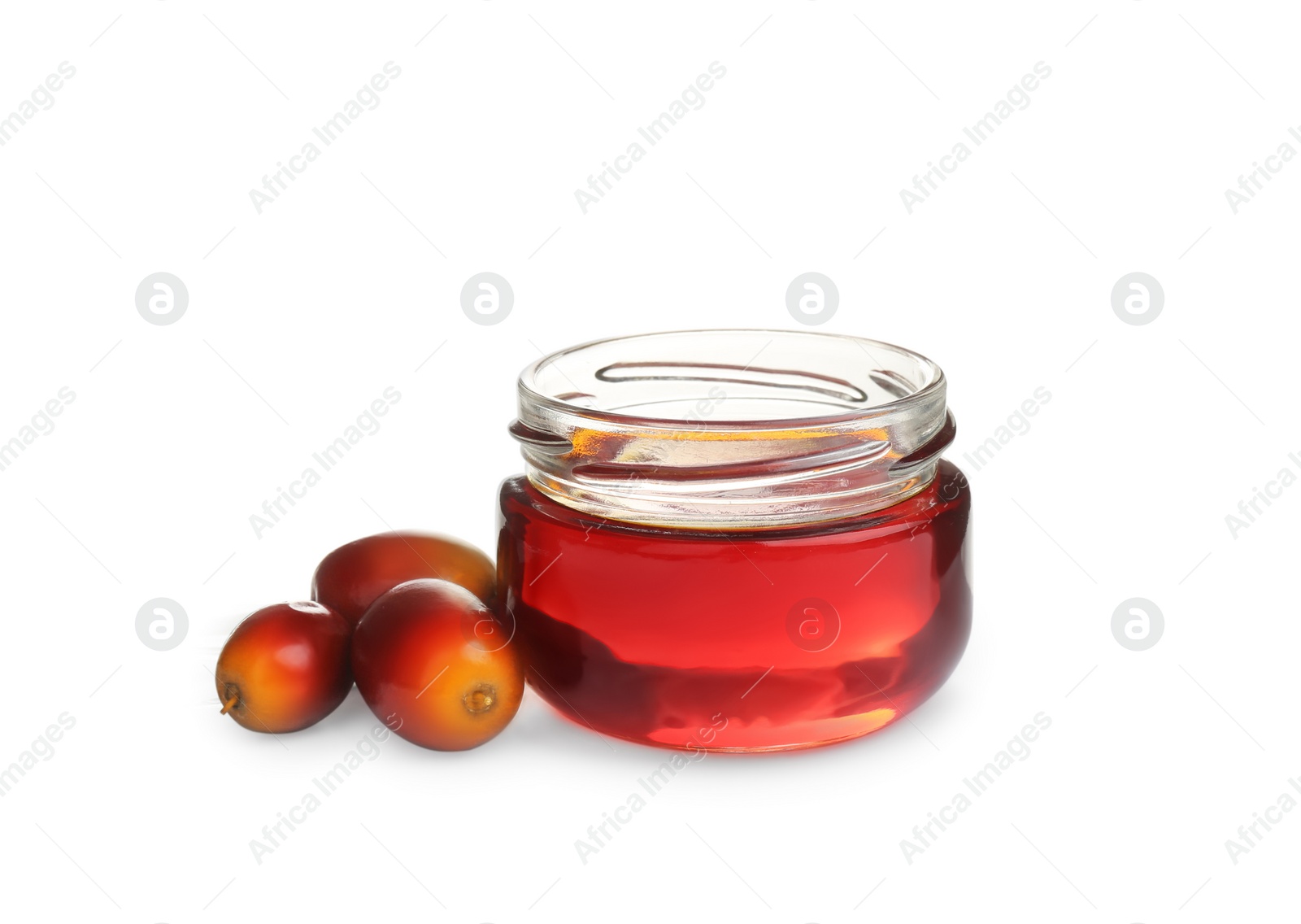 Photo of Palm oil in glass jar and fruits isolated on white