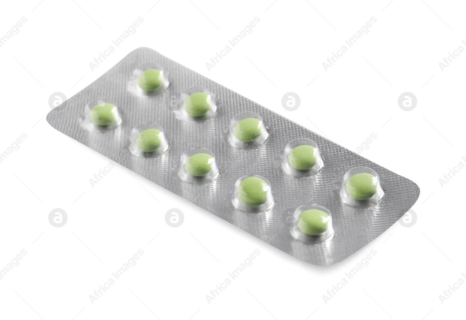 Photo of Blister of pills on white background. Medicinal treatment