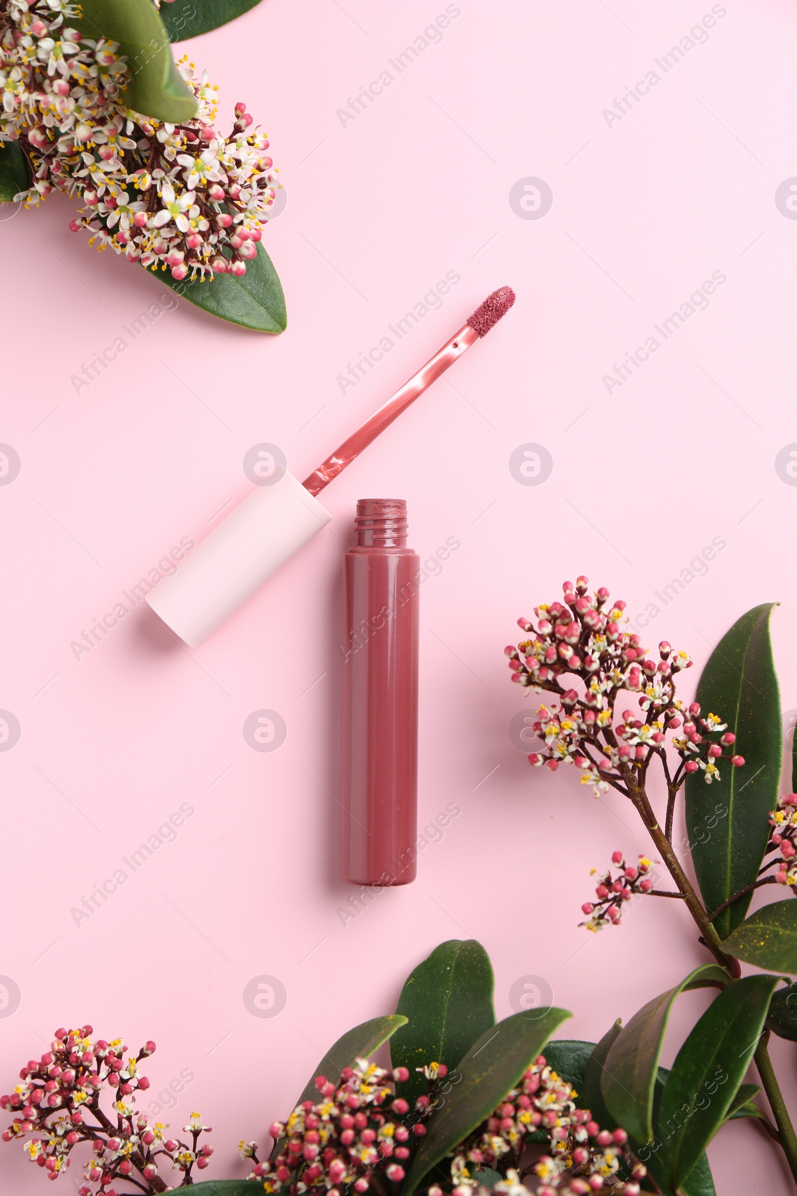 Photo of Bright lip gloss, applicator and flowering branches